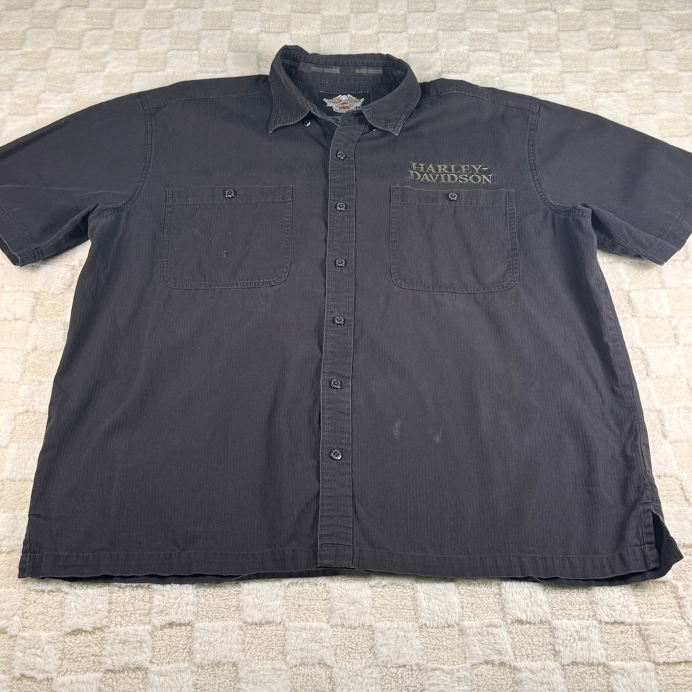 Harley-Davidson Mens XL Short Sleeve Button Up Shirt‎ Black Herringbone Cotton